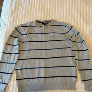 Tommy Hilfiger Gray Crewneck Sweater with Navy Stripes